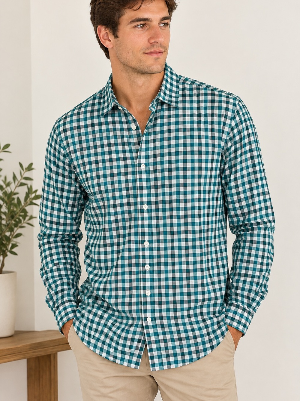 Bonobos Men’s Medium Teal Gingham Button Up Preppy Ivy League Long Sleeve Shirt